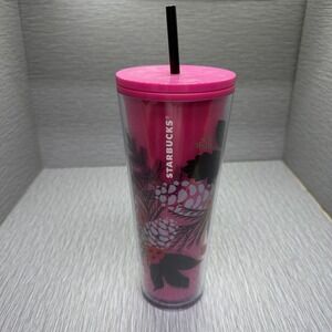 Starbucks Pink Pinecone Print Cold Cup Tumbler 24 oz Reusable w‎ Straw